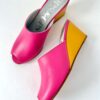 Ops&Ops No15 pair of pink and mustard leather wedge mules one on side one from above in sample sale