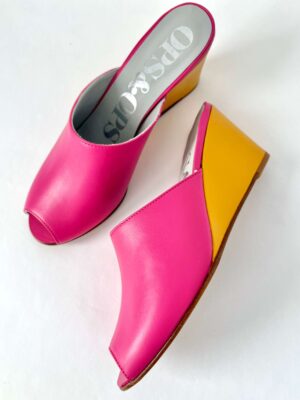 Ops&Ops No15 pair of pink and mustard leather wedge mules one on side one from above in sample sale