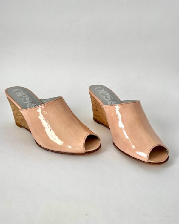 Ops&Ops No15 pair of pink patent and cork wedge mules, in sample sale