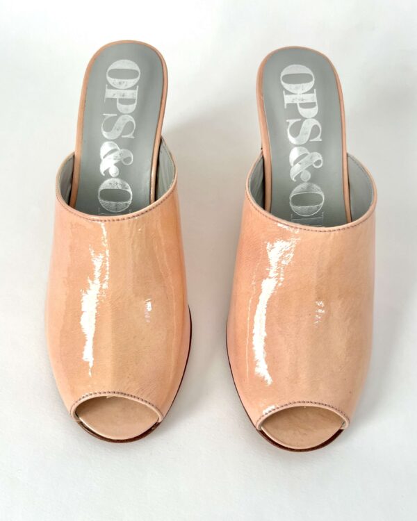 Ops&Ops No15 pink patent and cork wedge mules, view from above, in sample sale