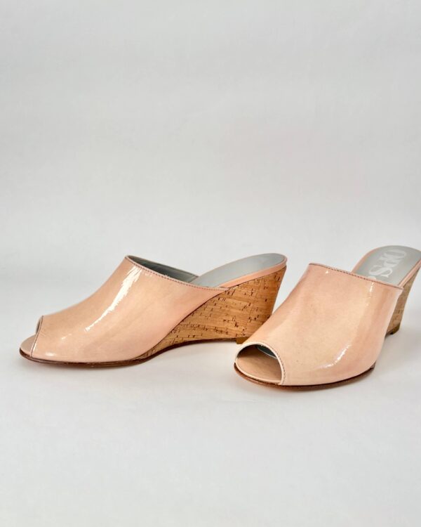 Ops&Ops No15 pink patent and cork wedge mules, view from side, in sample sale