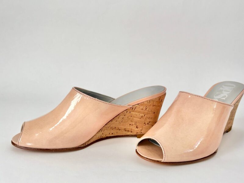 Ops&Ops No15 pink patent and cork wedge mules, view from side, in sample sale
