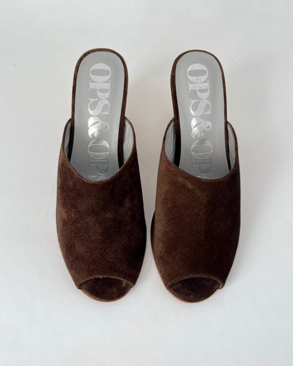 Ops&Ops No15 Cocoa suede and cork wedge mules, view from above, in sample sale