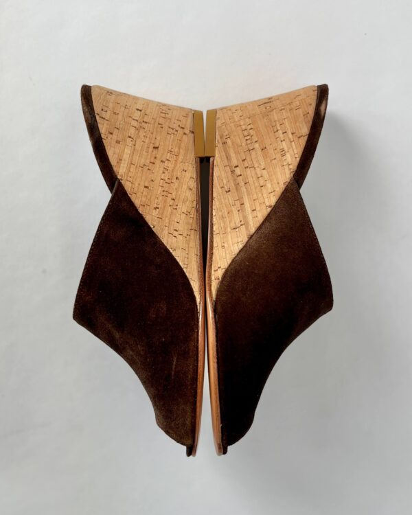 Ops&Ops No15 Cocoa suede and cork wedge mules, mirror view, in sample sale