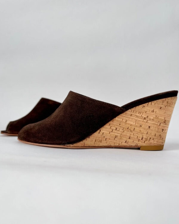 Ops&Ops No15 Cocoa suede and cork wedge mules, side view, in sample sale