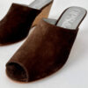 Ops&Ops No15 Cocoa suede and cork wedge mules, close-up of one shoe, in sample sale