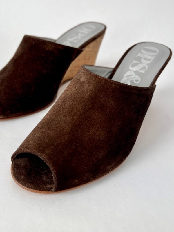 Ops&Ops No15 Cocoa suede and cork wedge mules, close-up of one shoe, in sample sale