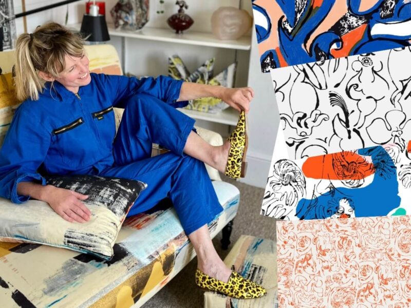 Petra Börner wearing Ops&Ops No10 Leopard and some of Petra's art work for Marimekko