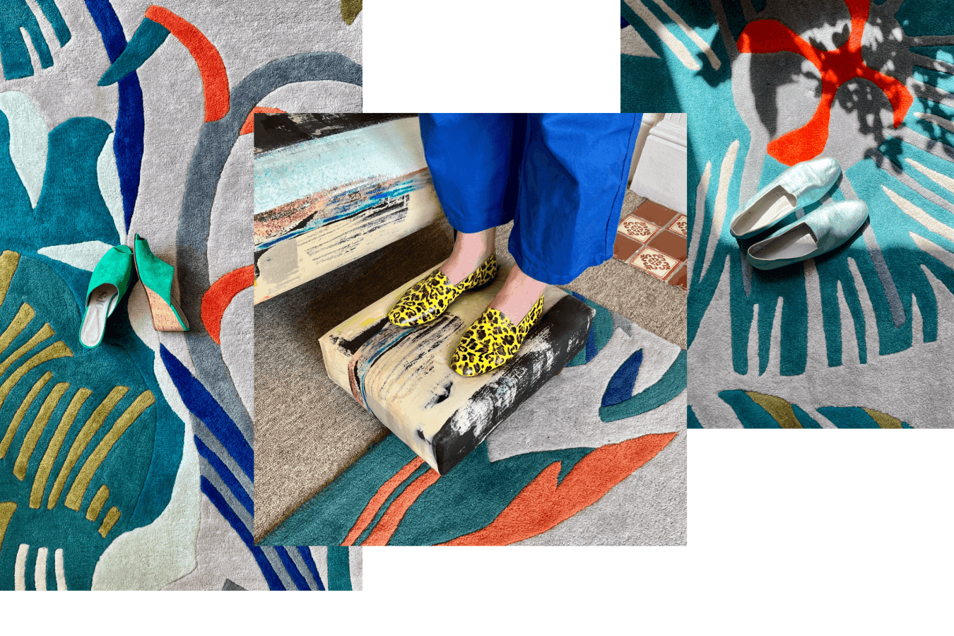Petra Borner Ops&Ops shoes Petra in Ops&Ops No10 Leopard, with other styles showcased on one of her print rugs