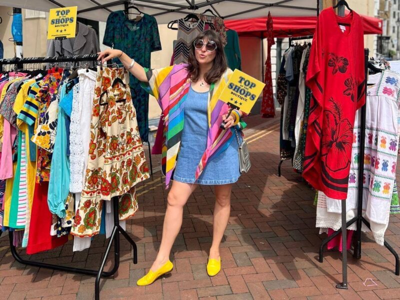Anja wearing Ops&Ops No10 flats at her vintage stall in Margate Old Town