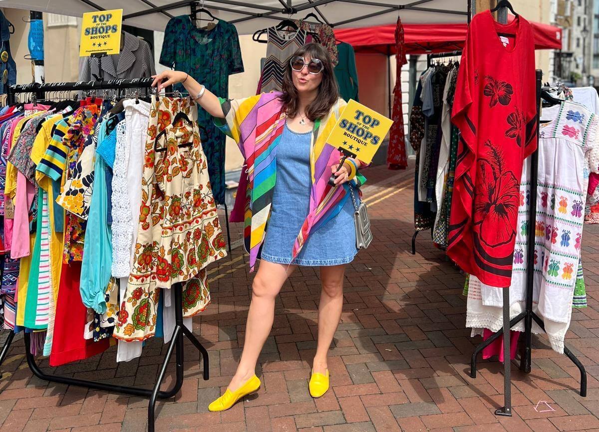 Anja wearing Ops&Ops No10 flats at her vintage stall in Margate Old Town