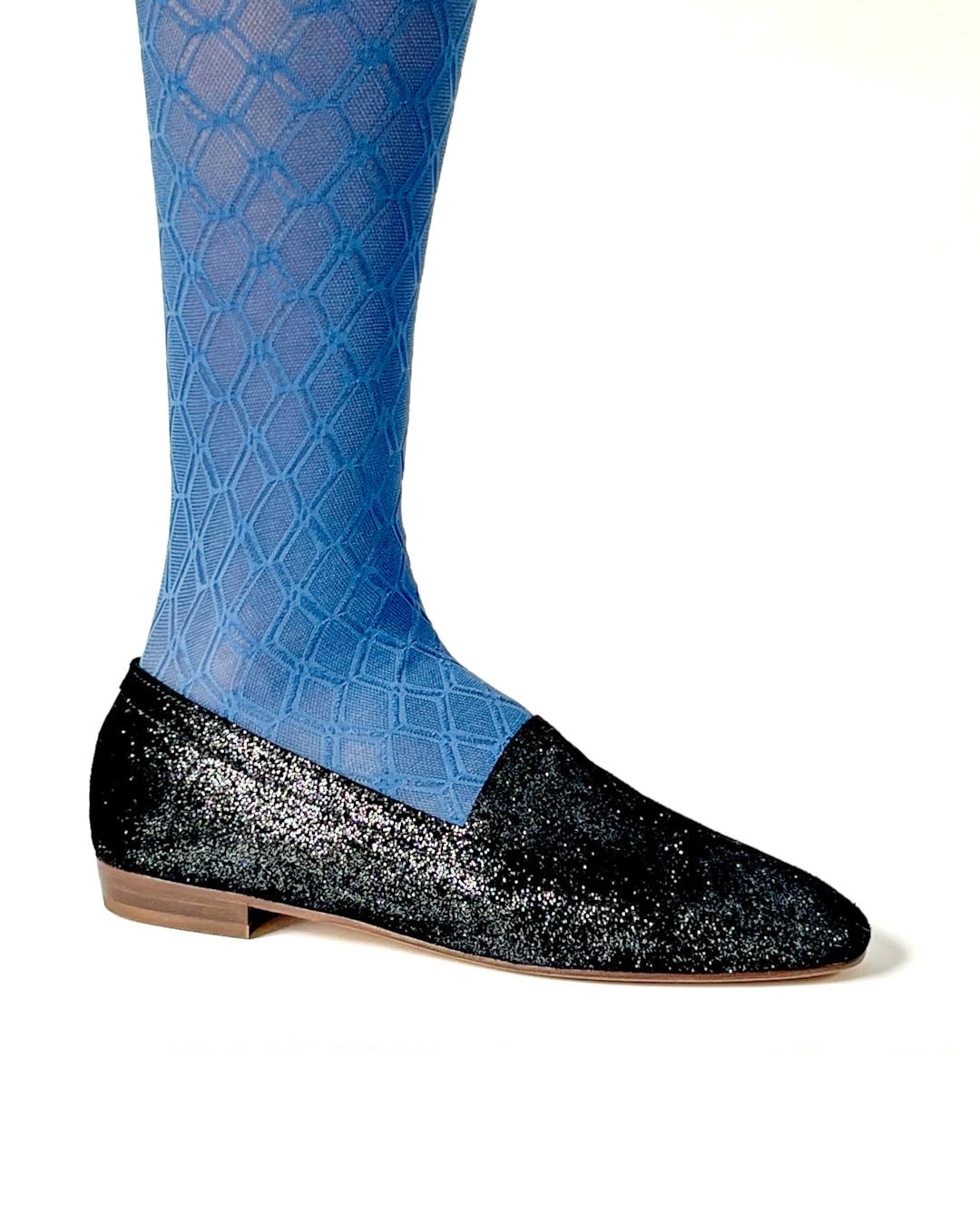 No10 Lurex Black with tights Ops&Ops No10 Lurex Black flats worn with blue textured tights