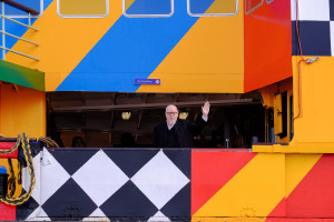 Sir Peter Blake aboard his Everybody Razzle Dazzle ferry