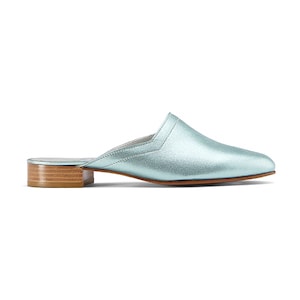 Ops&Ops No13 slides Metallic Mint leather, inspired by Mr Freedom