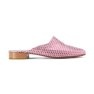 Ops&Ops No13 Pink Pois metallic leather slides, inspired by Mr Freedom