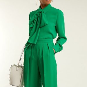 Sara Battaglia green pussy-bow blouse and trousers