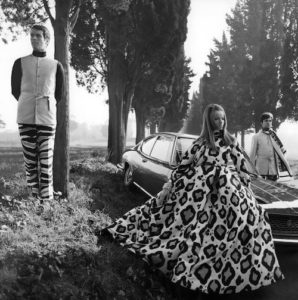 Veruschka in large animal print pyjama gown